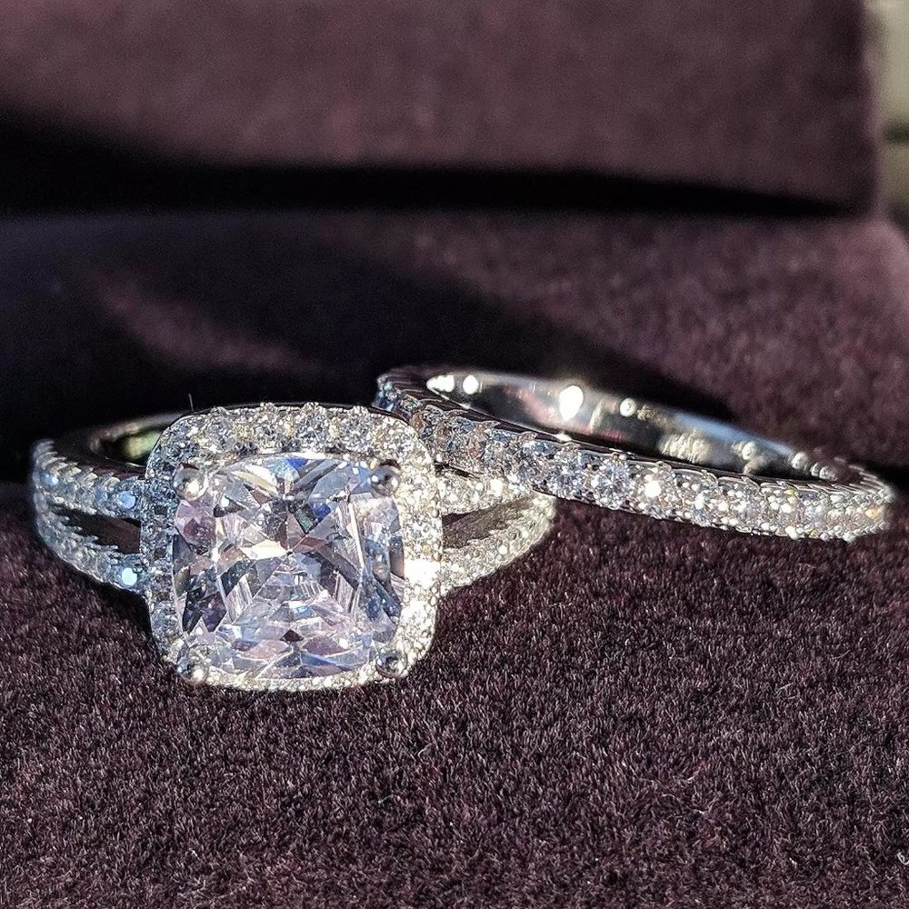 NEW 2PC/Set 925 Silver Cushion Diamond Halo Ring - Picture 6 of 6